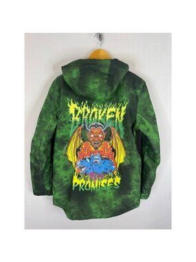 Broken Promises Mens S Green Tie Dye Graphic Hooded Snow Jacket Cerberus Devil